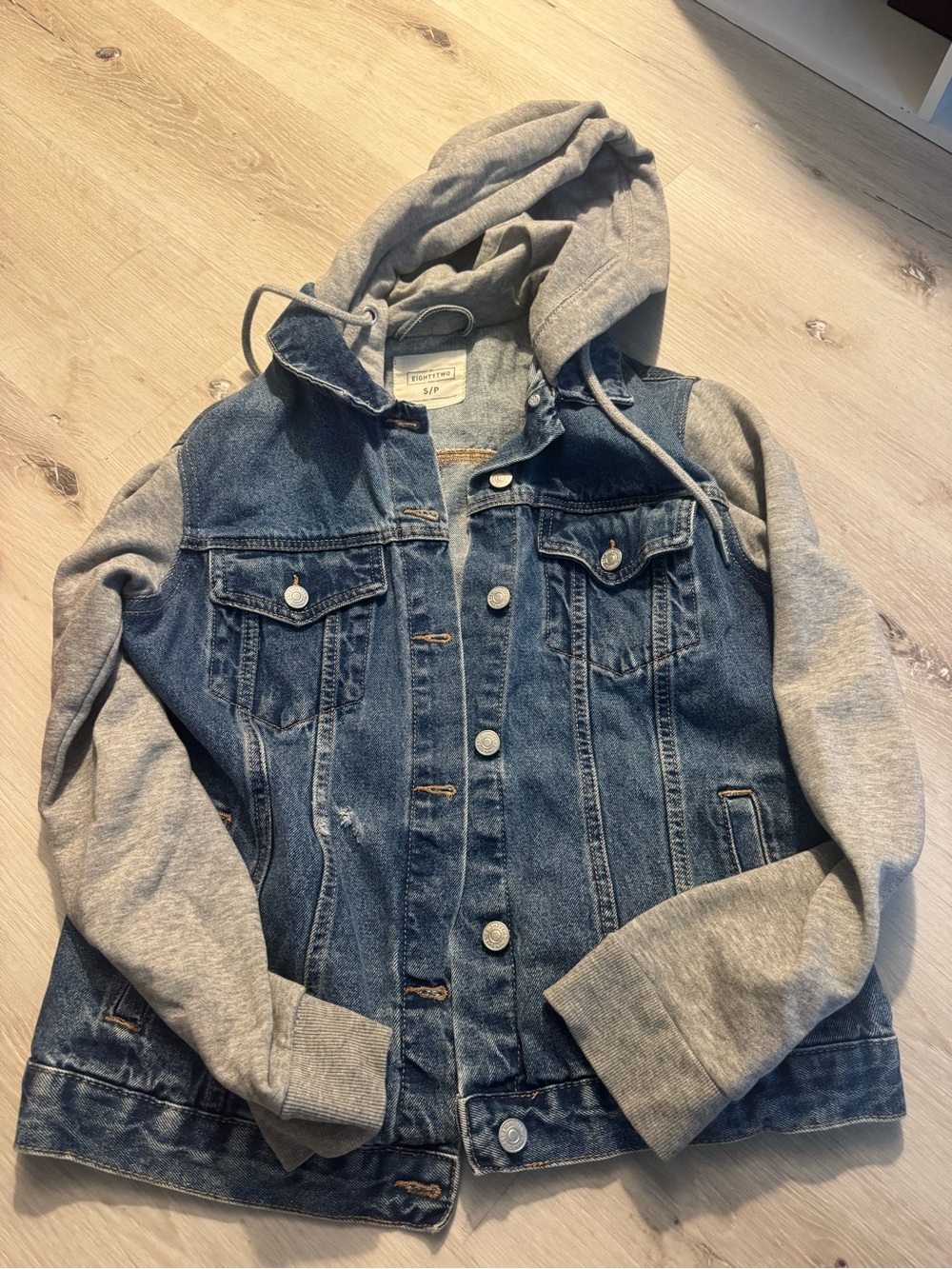 Kids Denim Jacket with Grey Hoodie Sleeves